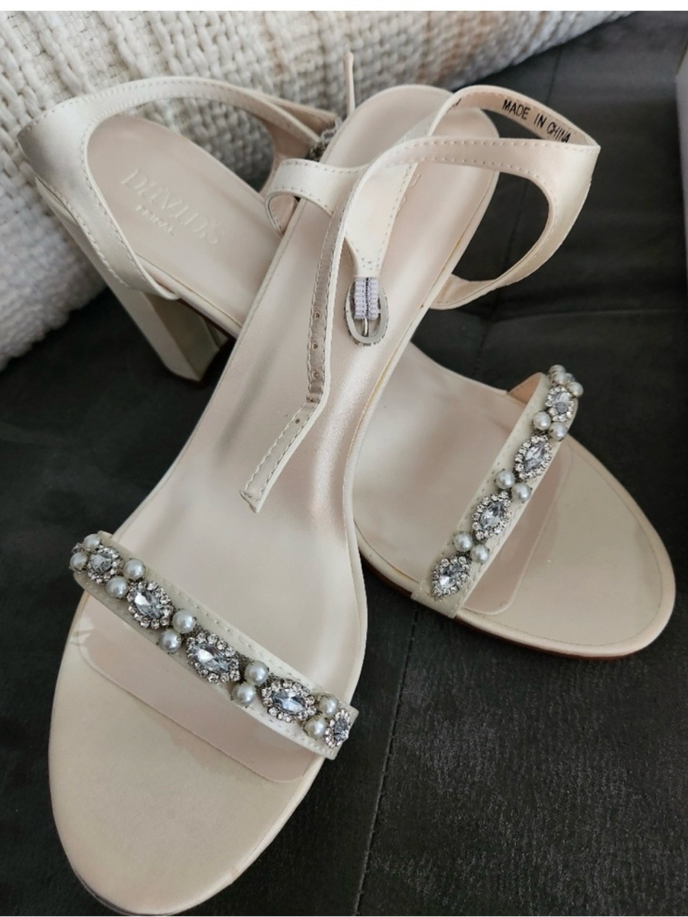 David's Bridal Nude Satin Jeweled Block Heel Sandals